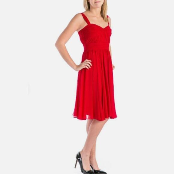 Vera Wang Red Chiffon Sweetheart Neckline Fit & Flare Ruched Cocktail Dress, S - Picture 2 of 9